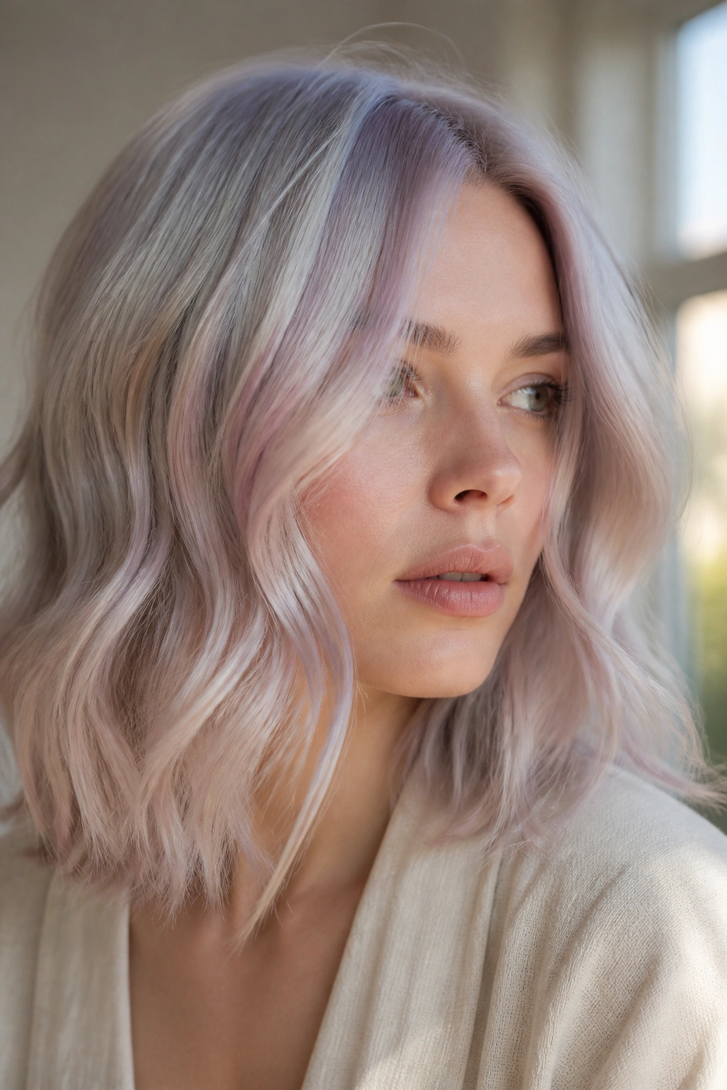 Close-up of Opal Blonde hair on a real person showing shifting silver-pink-lilac tones in window light