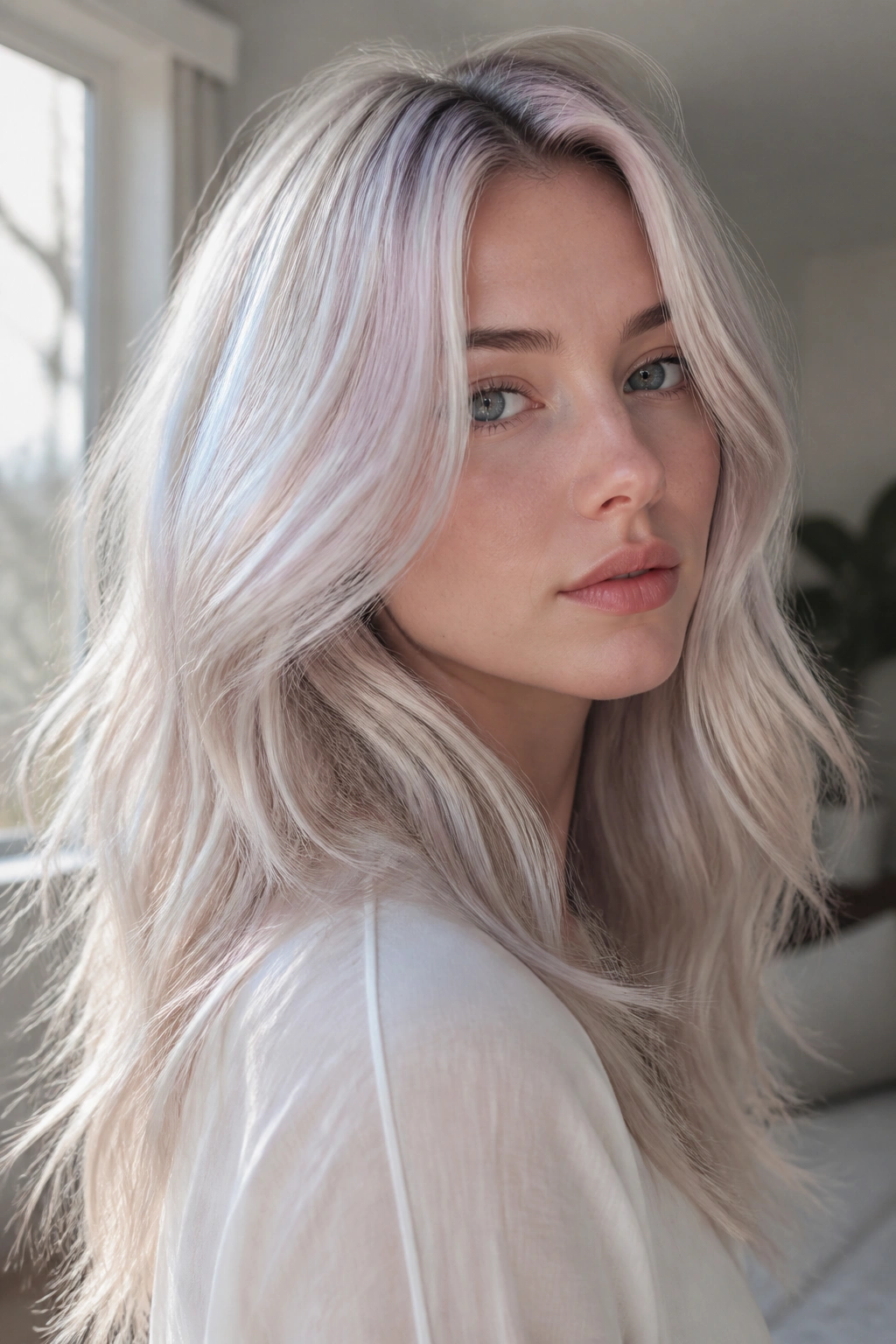 Close-up of a real woman with soft opal blonde hair and pearly base