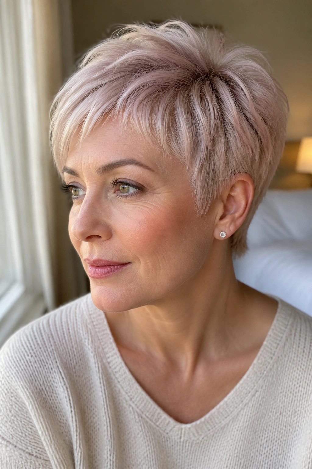 Close-up portrait of a real woman with an opal blonde pixie cut featuring pearly tones and soft pink-lavender hints.