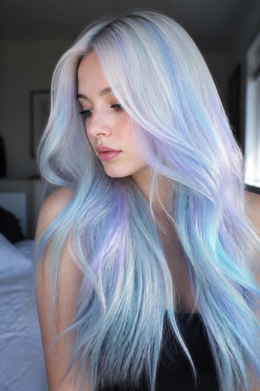 Close-up portrait of a real woman with opal blue iridescent fade on long layered hair in soft window light