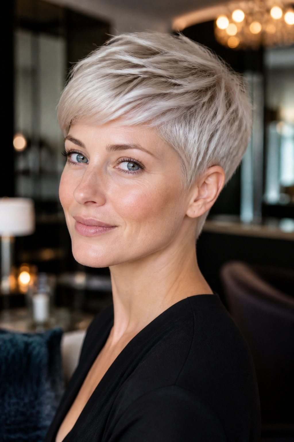 Close-up portrait of a real woman with opal champagne pixie hairstyle