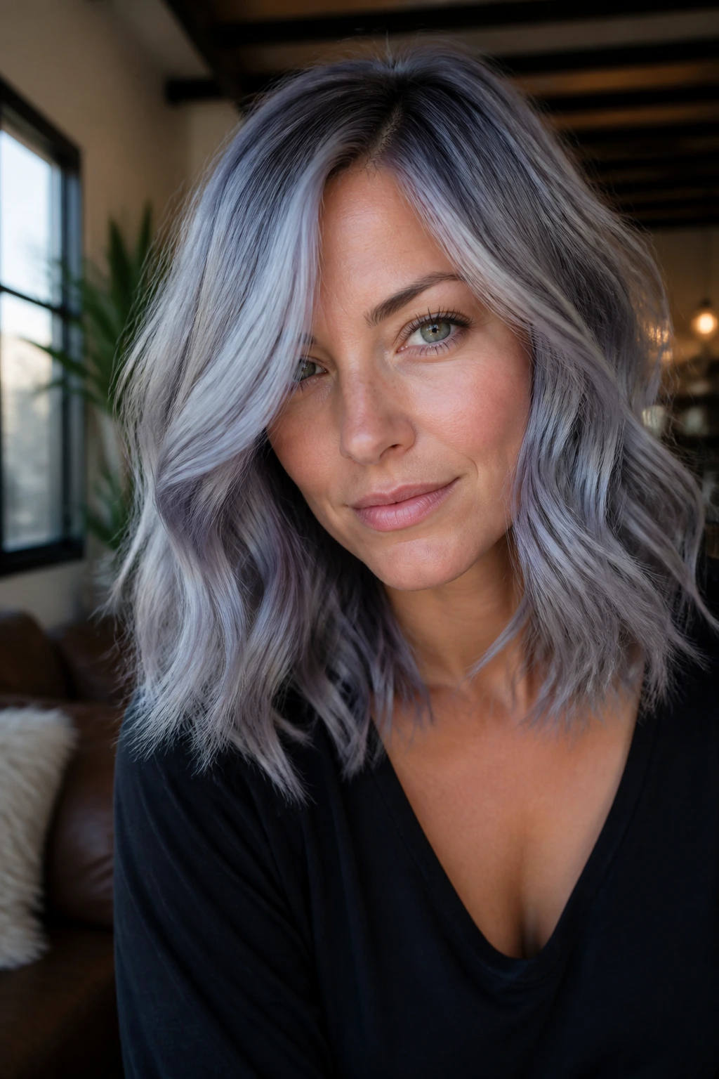 Medium close-up of a real person with opal grey balayage in daylight