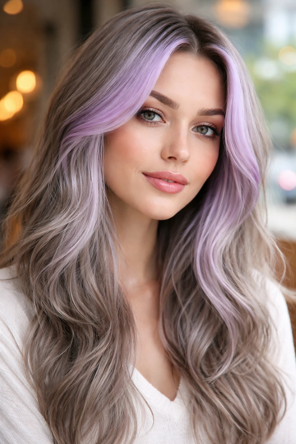 Portrait of a real woman with opal lilac face-frame against silvery hair.