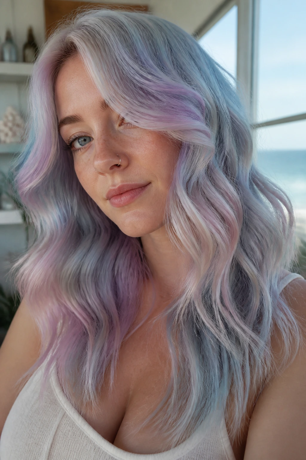 Portrait of a real person with Opal Mermaid Waves in pearly blue-lilac-pink-silver tones.