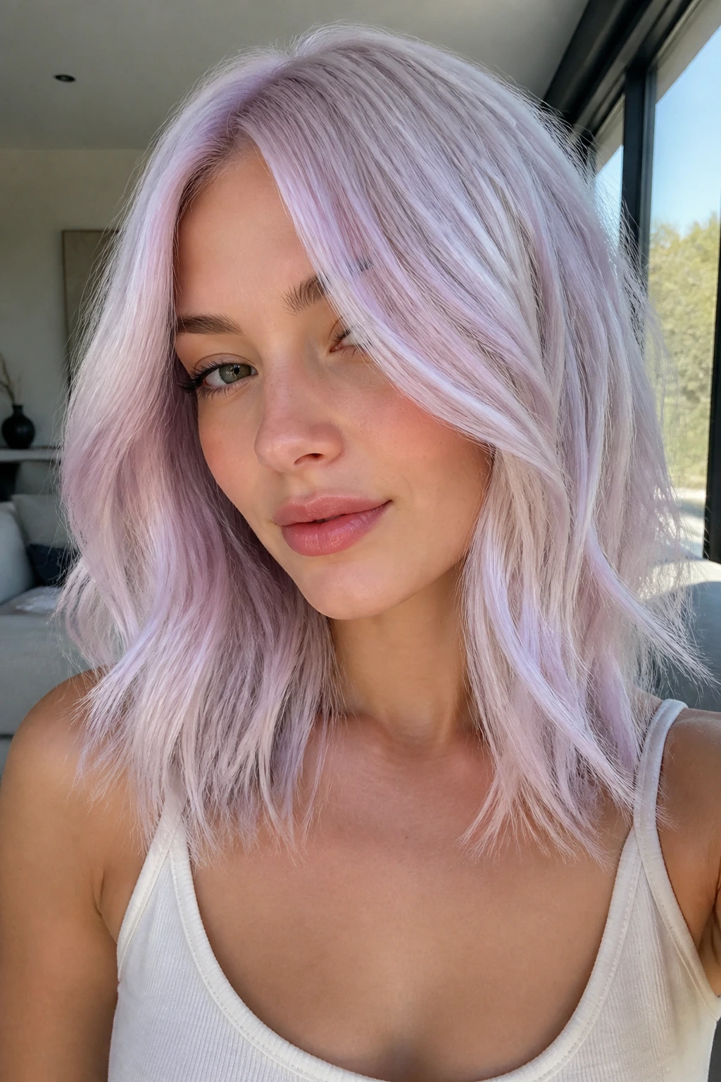 Close-up portrait of a woman with opal platinum and pastel sheen hair.