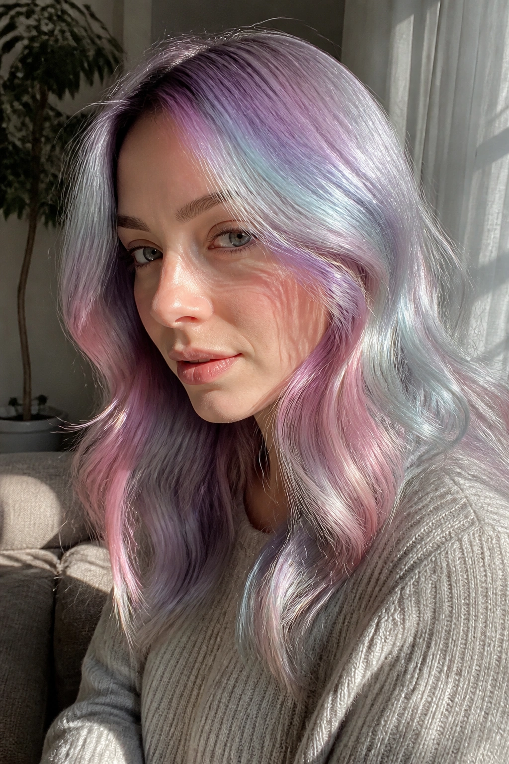 Close-up of real person with opal prism color melt hair in lavender blue pink silver