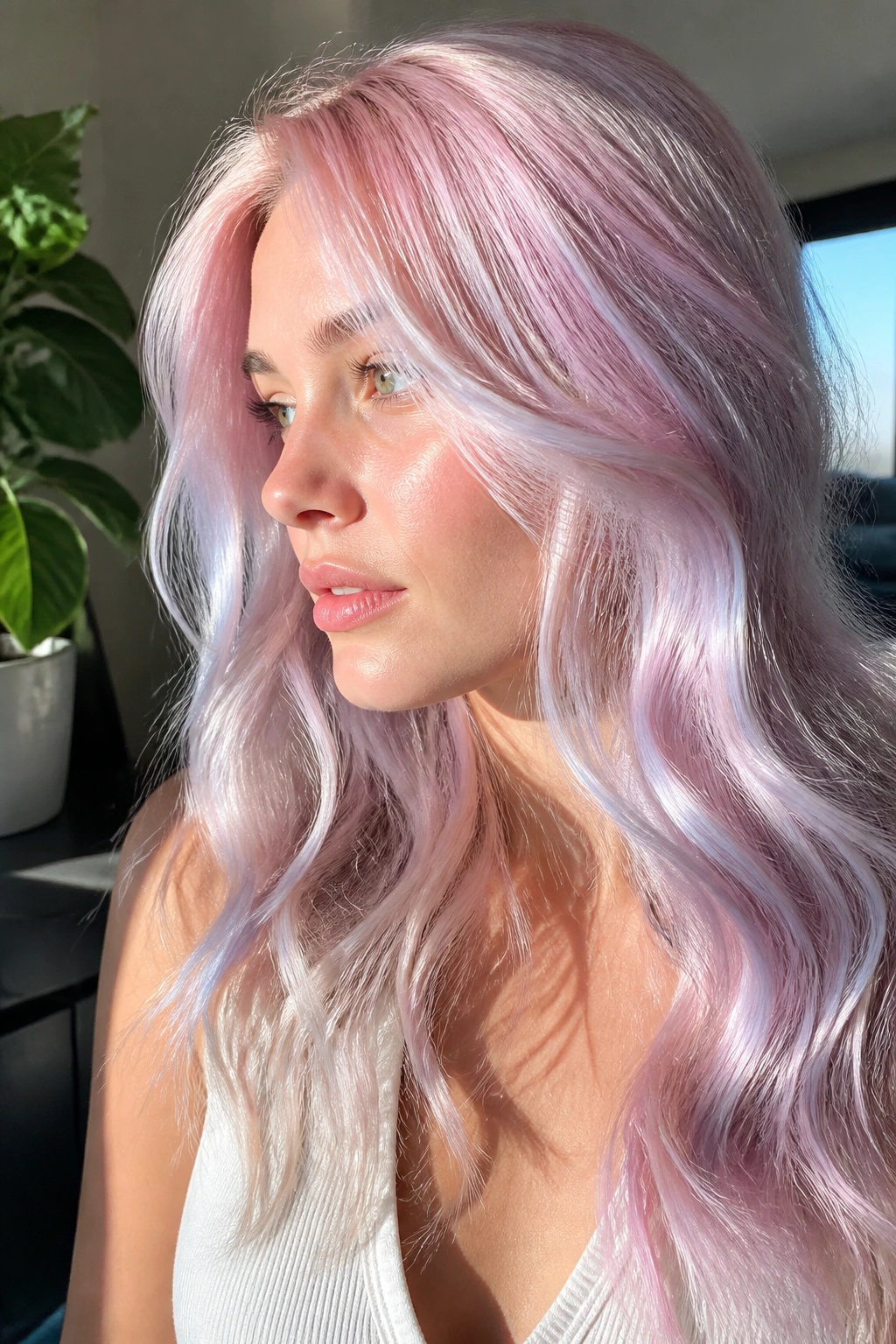 Very light hair with opal rose shimmer in sunlit corner