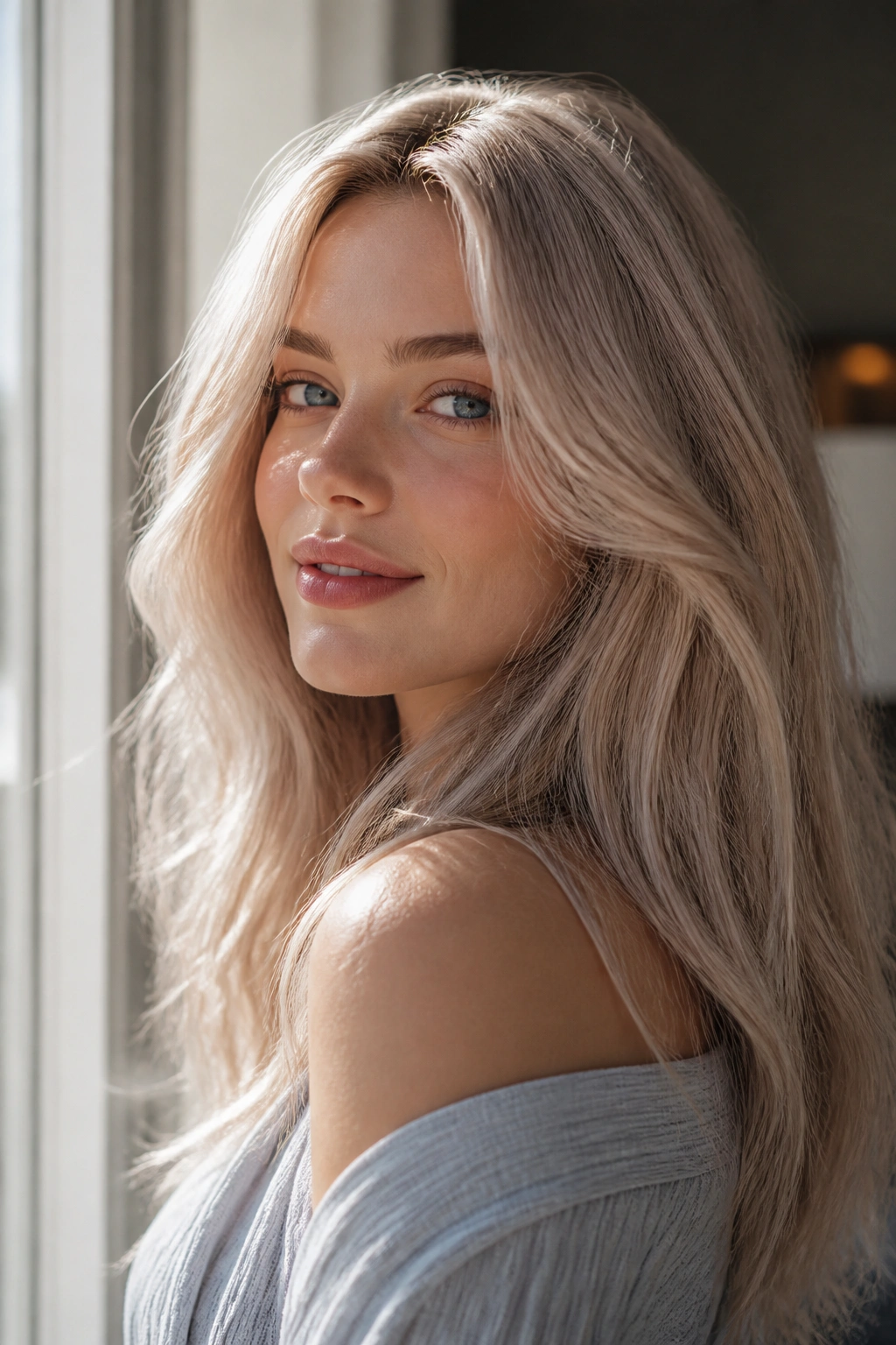 Portrait of a real woman with opal sand blonde and subtle iridescent shimmer.