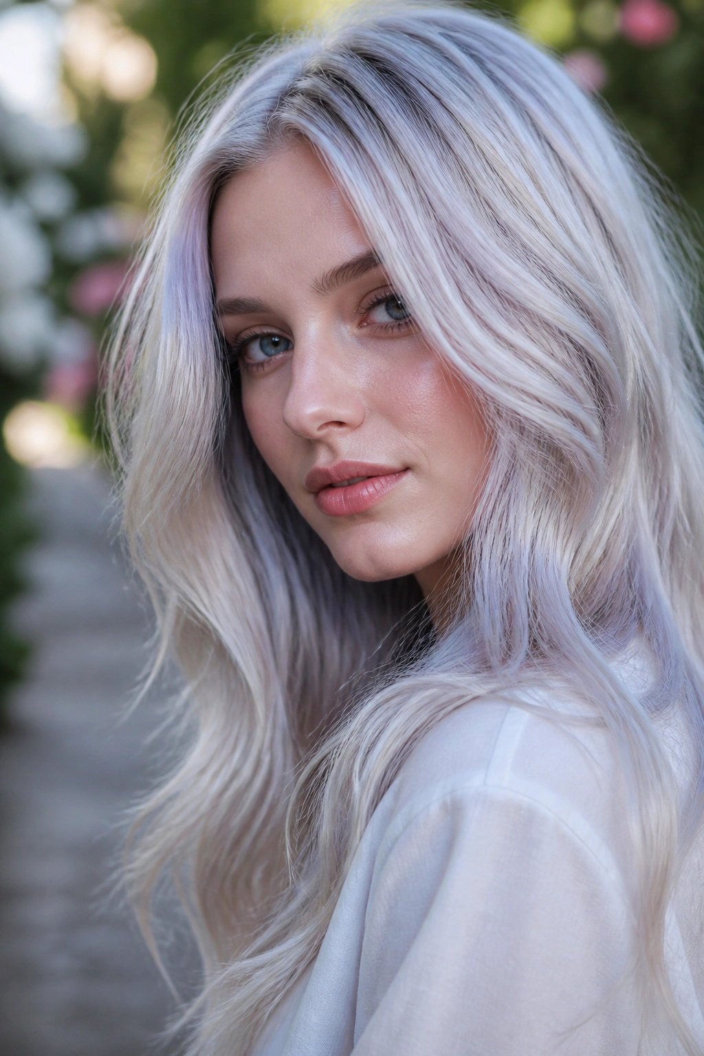Close-up portrait of a real woman with opal silver blonde hair showing subtle color shifts outdoors.