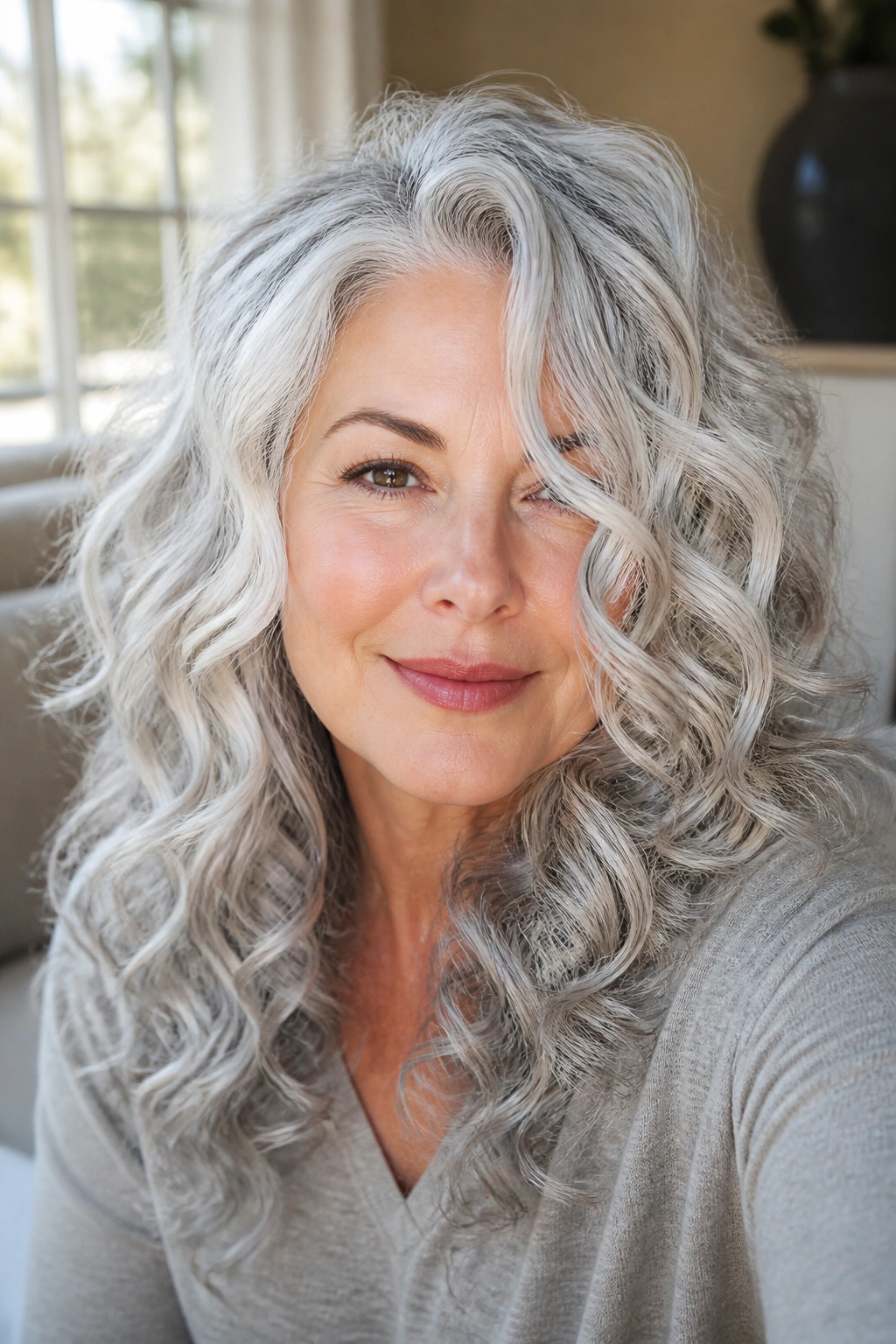 Portrait of a real woman with opal silver curls and layered movement