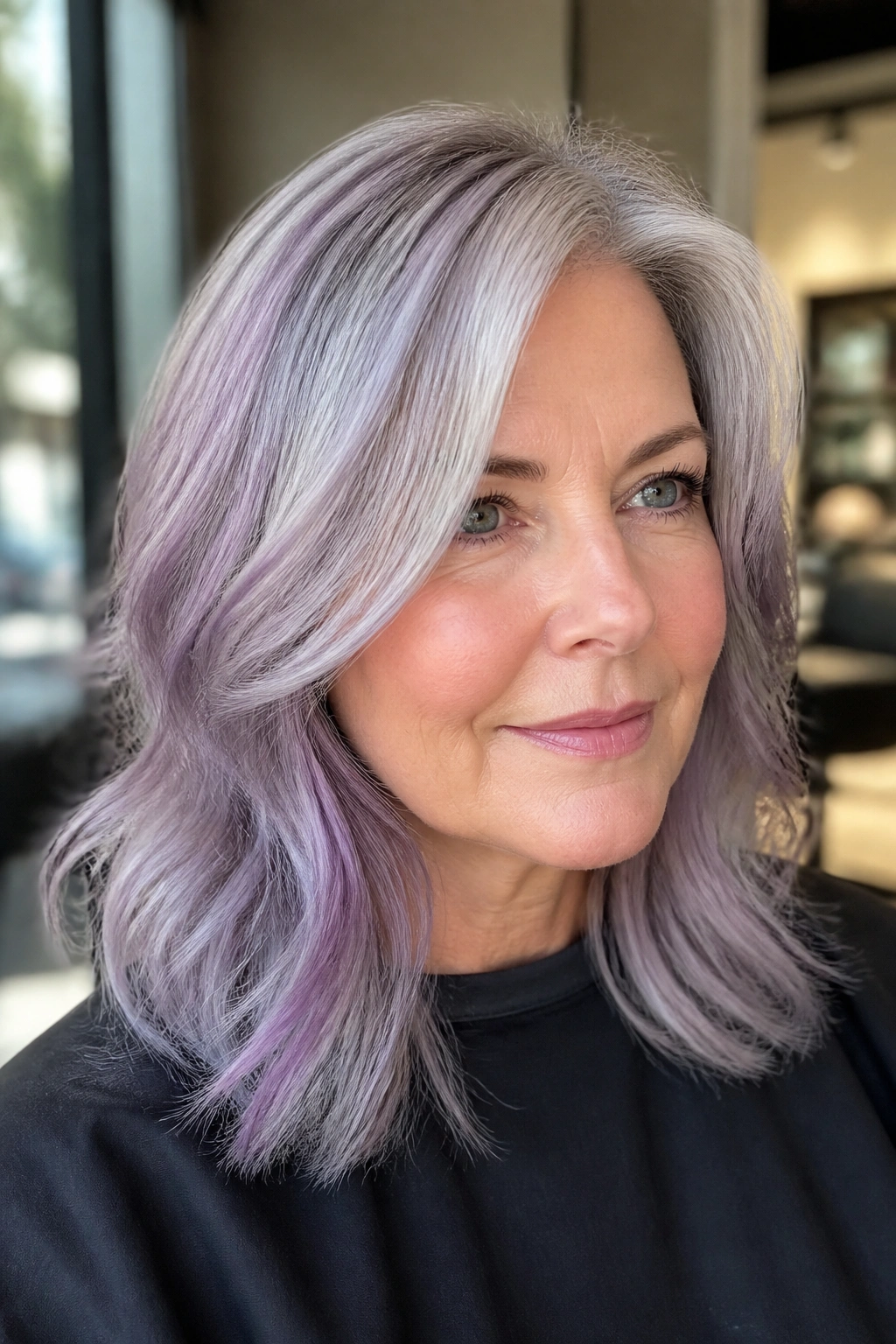 Close-up portrait of a real woman with opal silver hair and lilac glaze under natural window light.