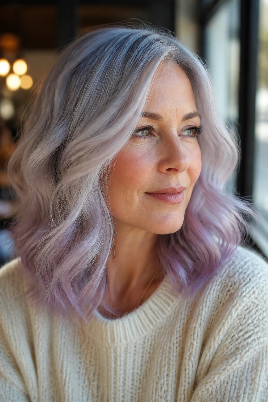 Close-up portrait of a real person with opal silver hair and lilac-tinted ends