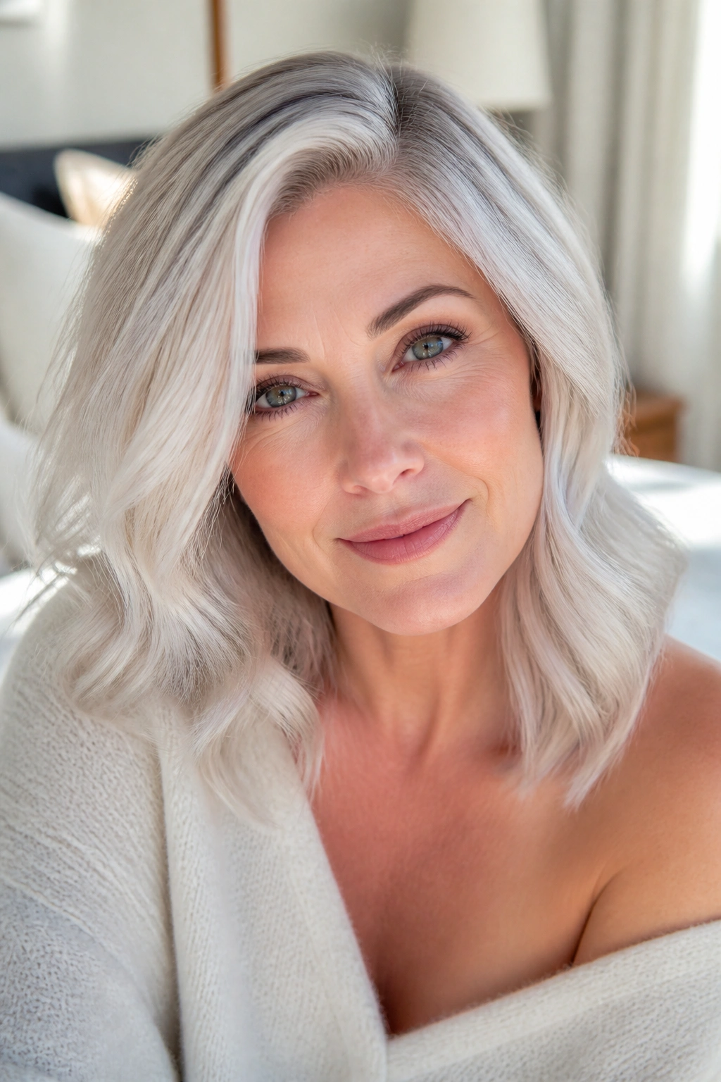 Close-up of real person with opal silver hair and pearly sheen