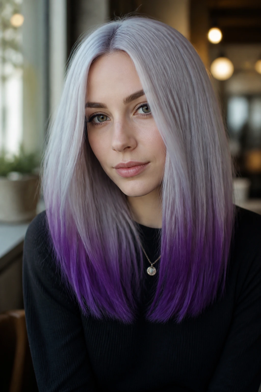 Close-up of a real woman with opal silver hair and violet tips on the ends.
