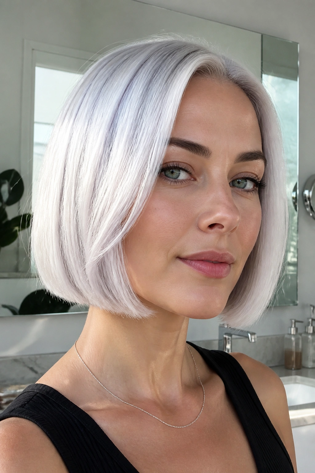 Portrait of a real woman with an opal white bob showing pearly sheen