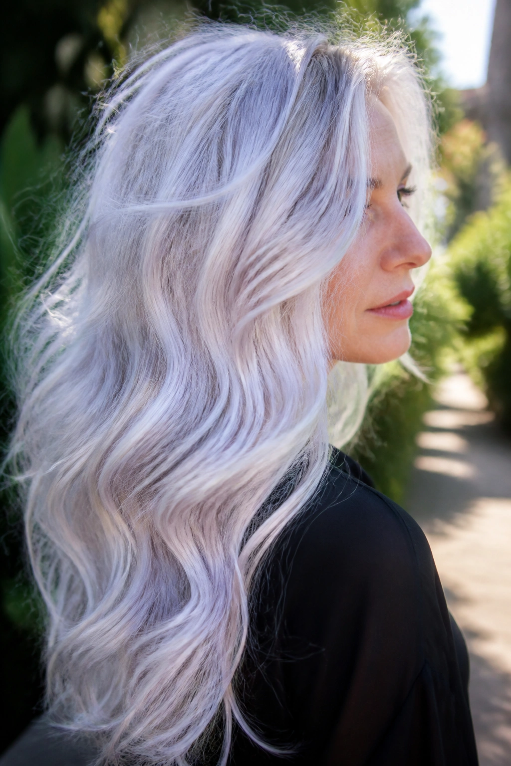 Close-up of a real woman with opal white long waves highlighting subtle color shifts.