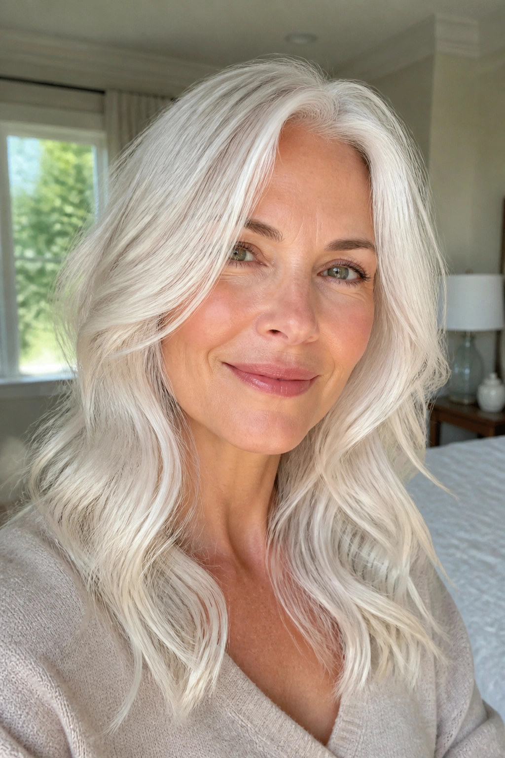 Close-up of opal white waves with face-framing layers on a real woman