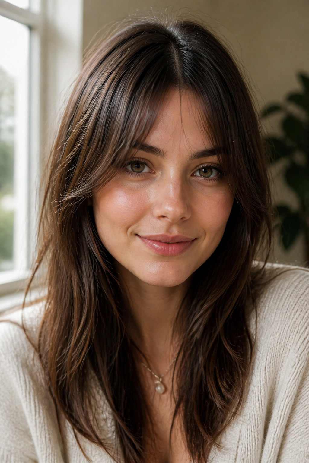 Close-up of a real woman with open V-shaped bangs forming a soft V over the forehead.