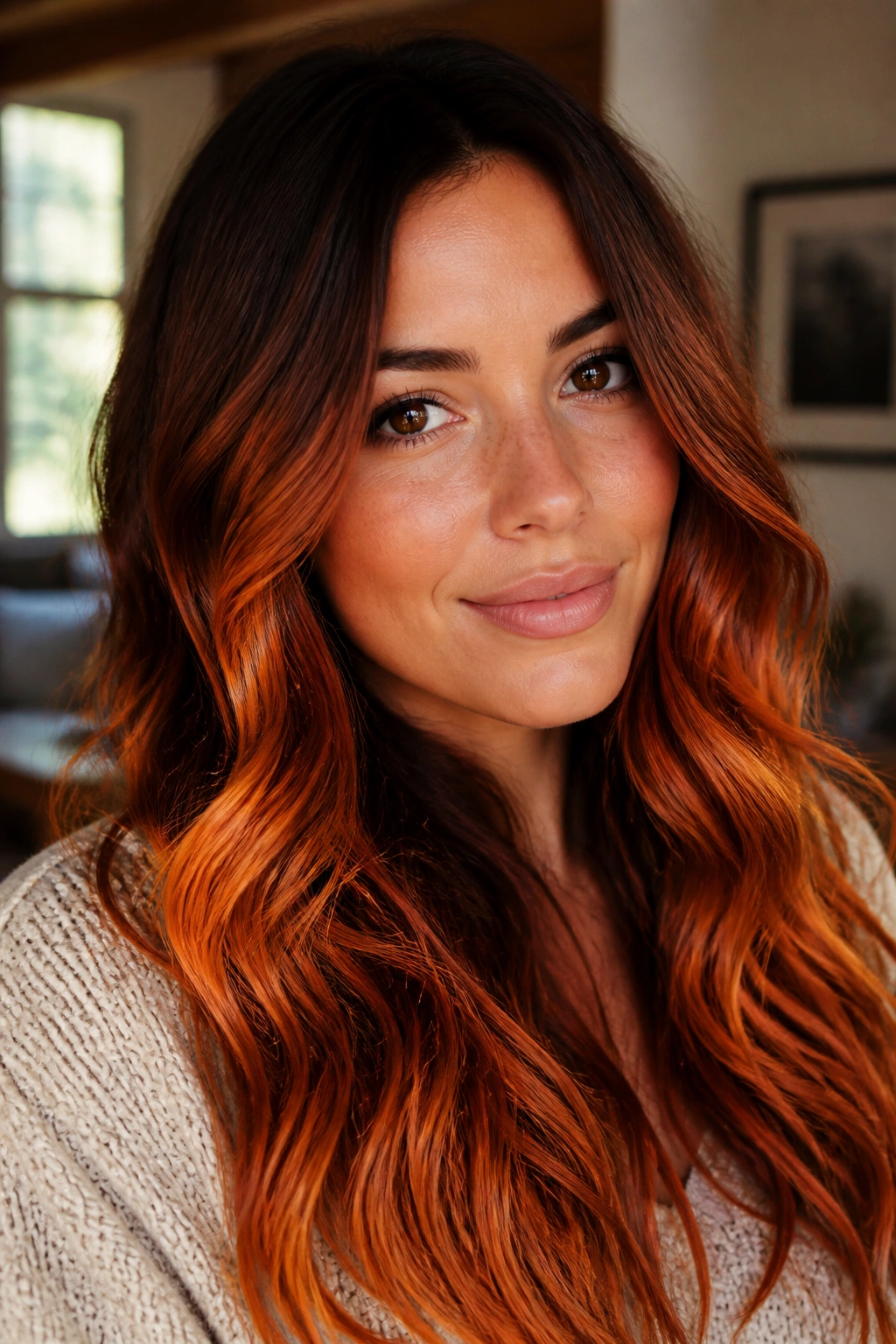 Long burnt orange ombre waves on a real woman