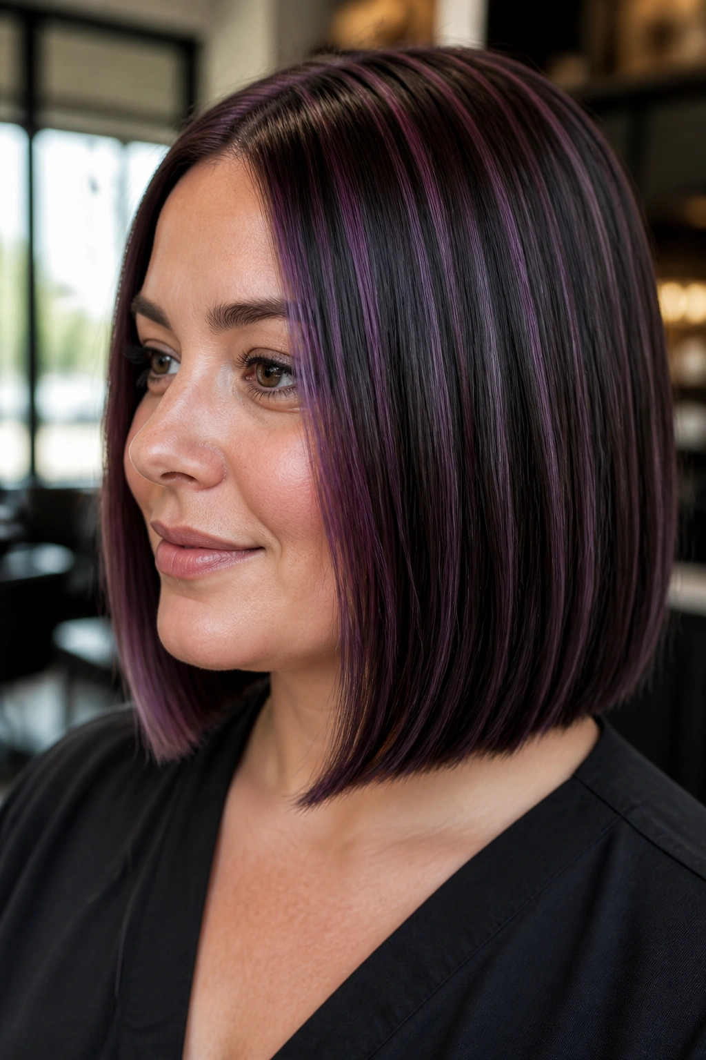 Close-up portrait of a woman with orchid babylights in a blunt bob in a salon