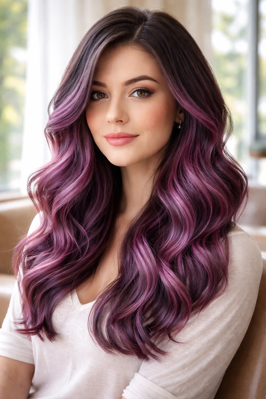 Close-up of a real woman with orchid balayage on soft waves and color gradient