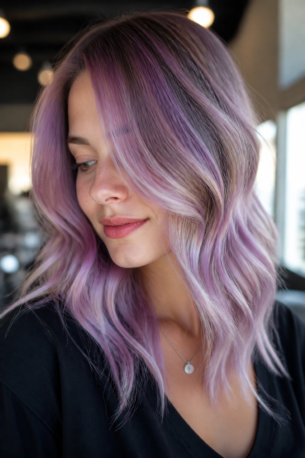 Close-up of a real woman's orchid balayage hair with violet midlengths blending to a lighter base