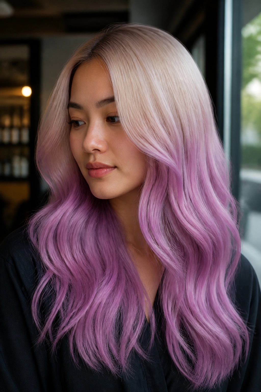 Close-up of a real woman's long orchid violet to pale blonde gradient hair in a salon setting
