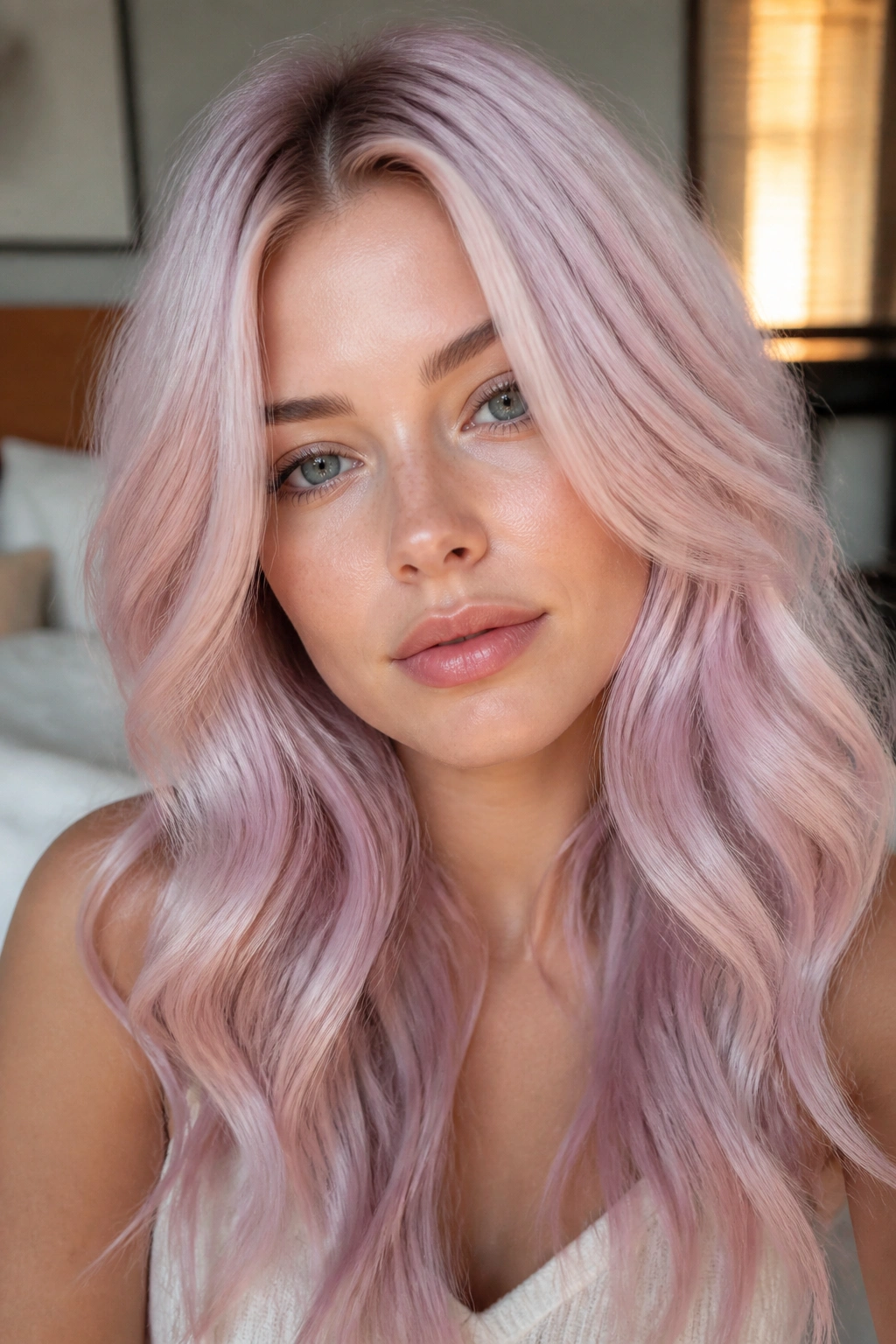 Close-up portrait of a real woman with orchid blonde hair in soft waves, lilac-pink tones on cool skin