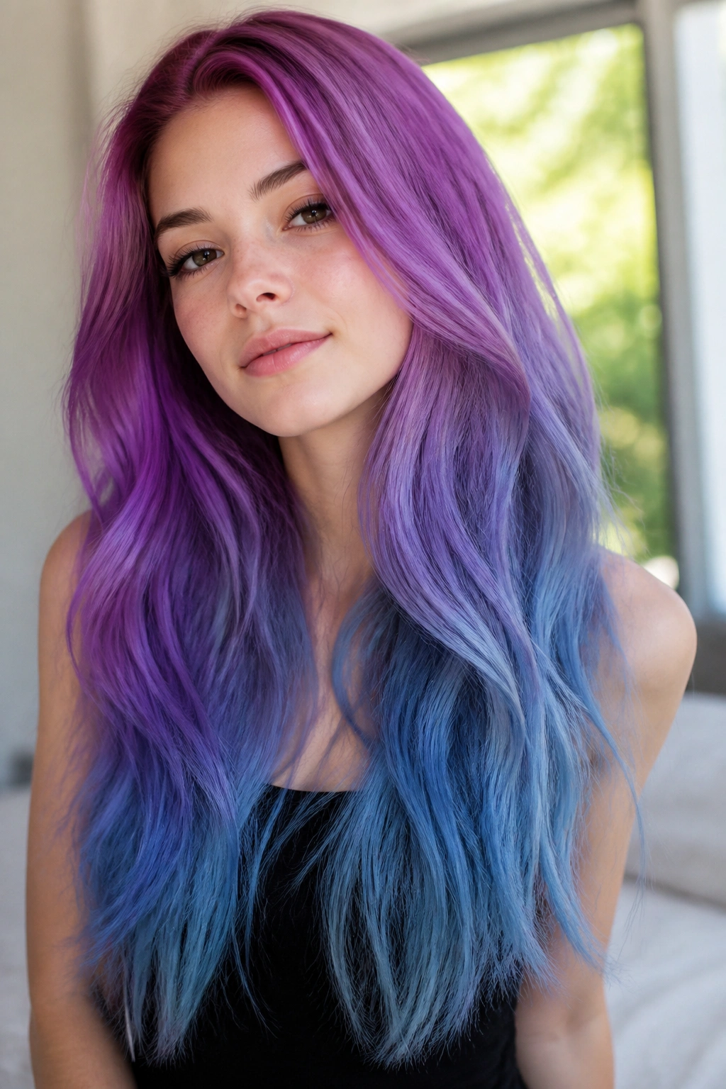 Close-up portrait of a real person with an orchid to blue gradient in long hair