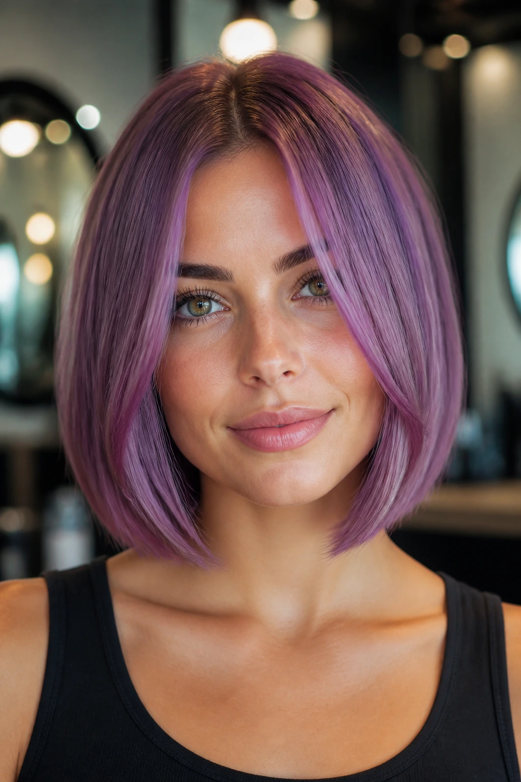 Portrait of a woman with glossy orchid bob and face-framing pieces.