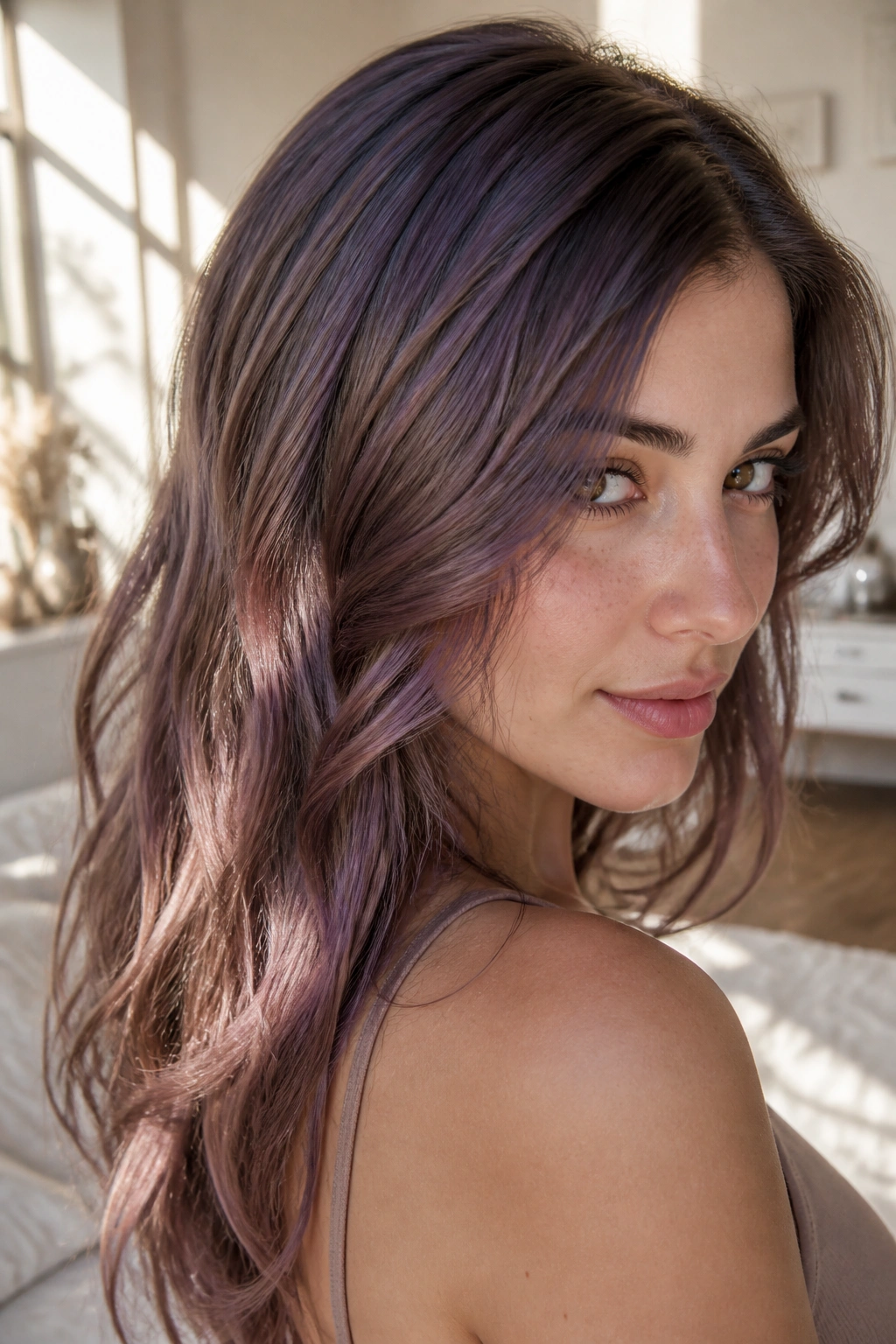 Close-up of a real woman with orchid brunette hair catching light