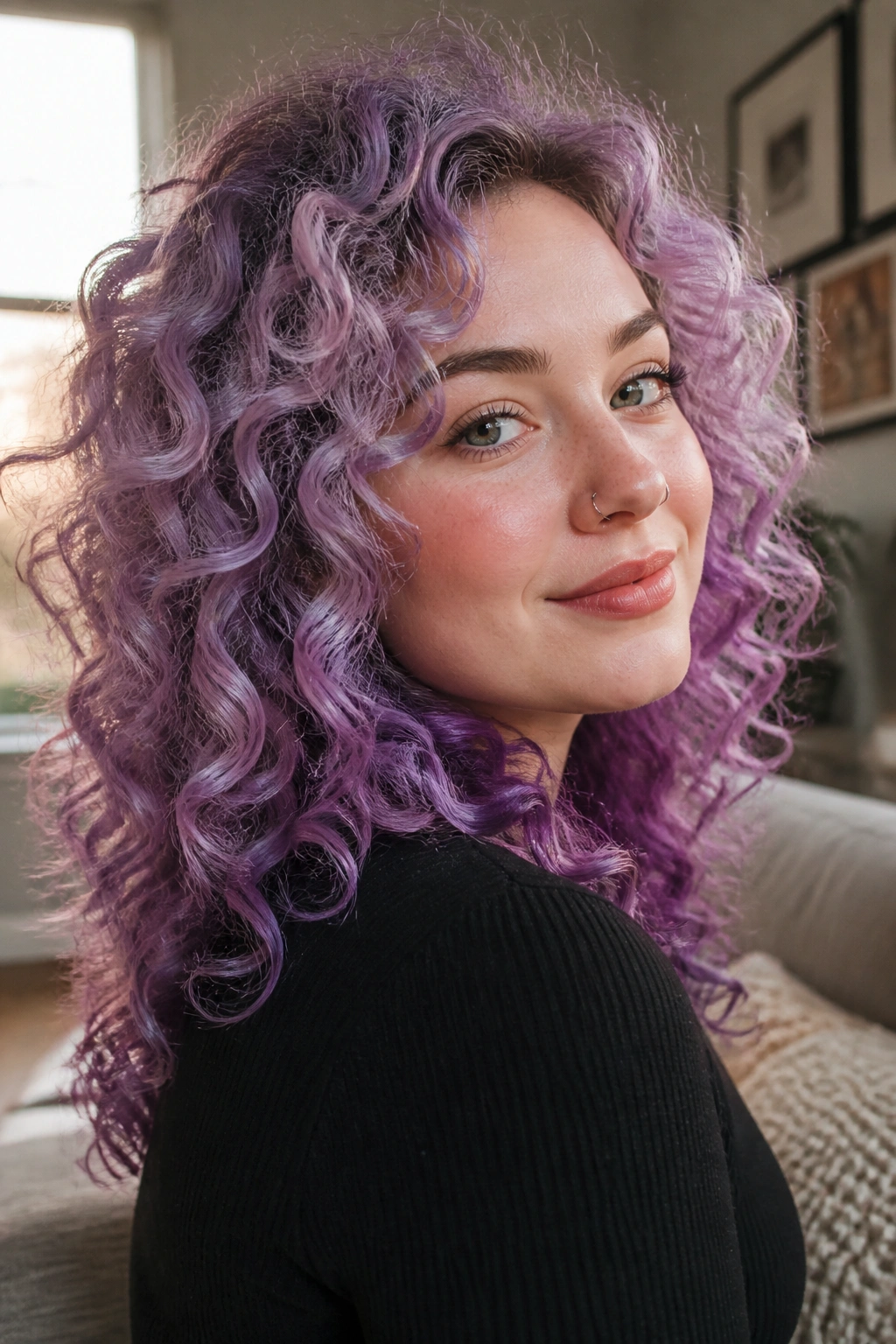 Close-up of a person with Arctic Orchid curls and layered violet tones