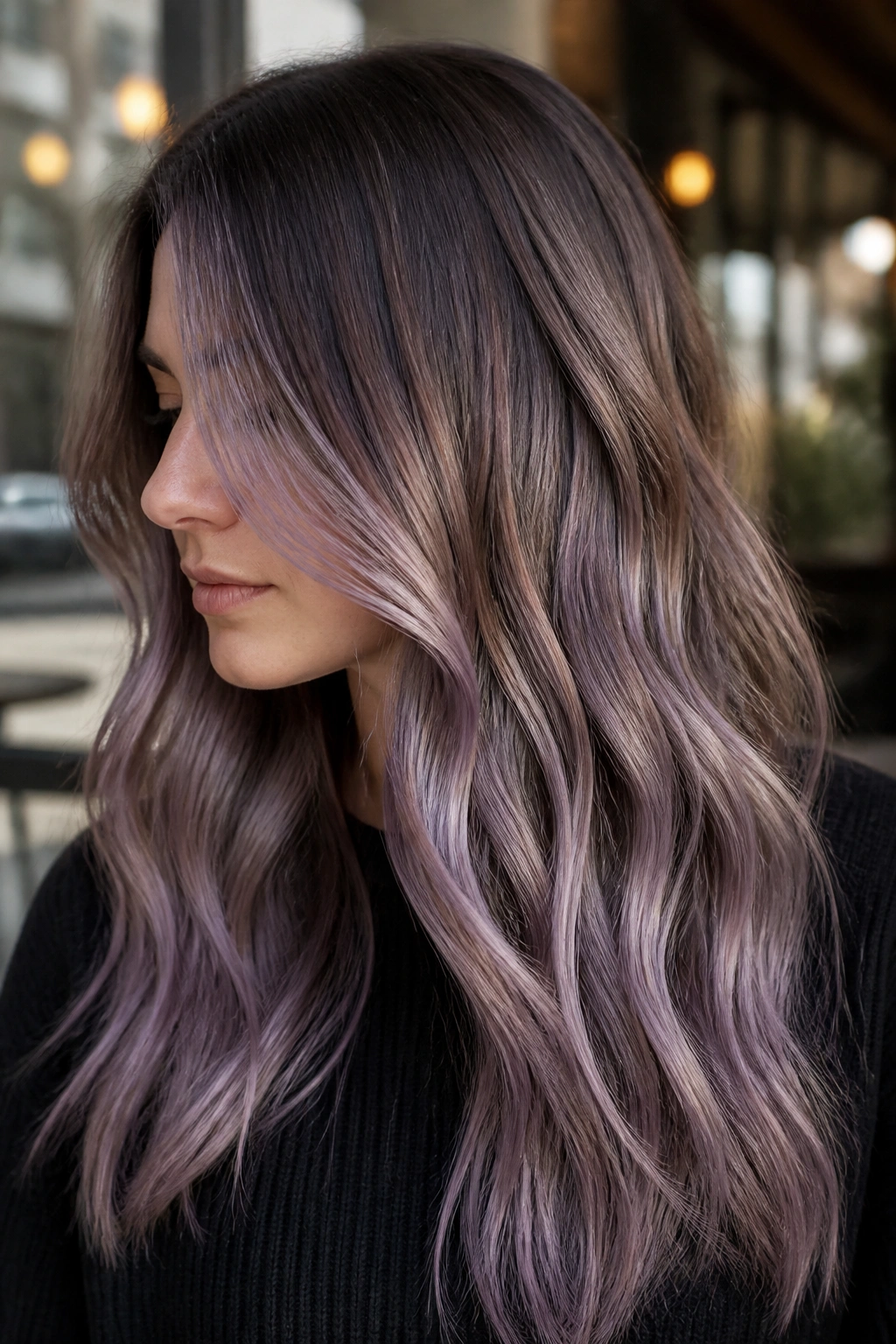 Close-up of orchid dust balayage on brown hair with soft lavender tones