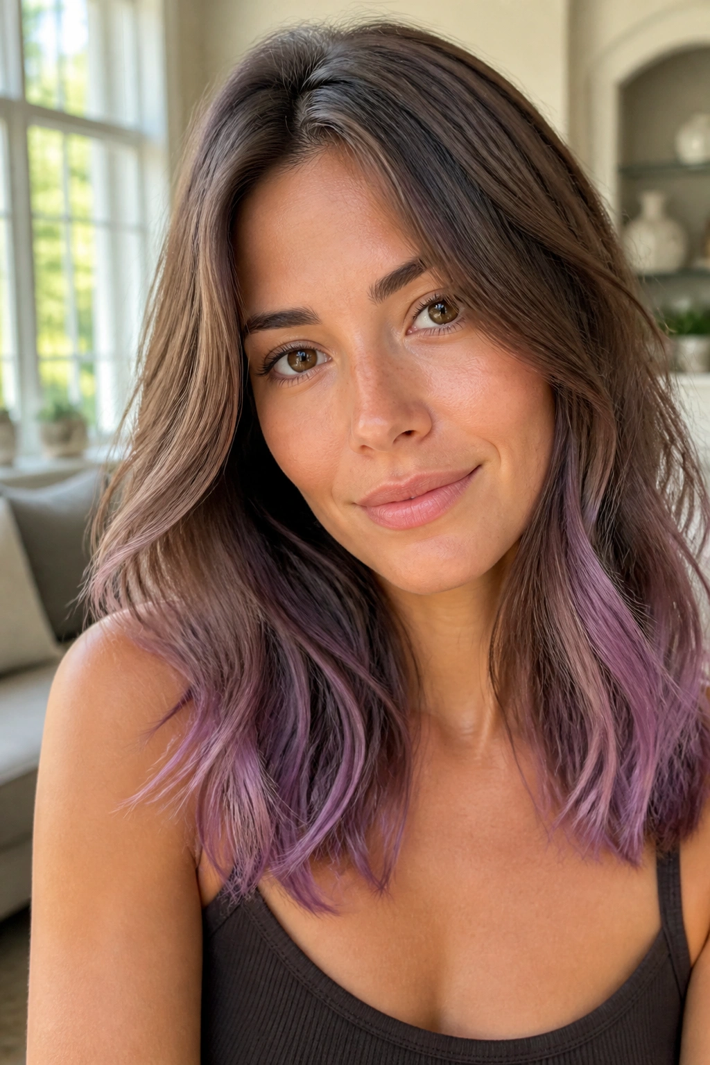 Close-up of real woman's hair ends tinted with soft orchid color on brown hair.