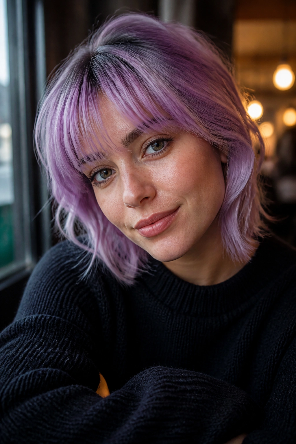 Close-up portrait of a real woman with frosted orchid fringe framing the face