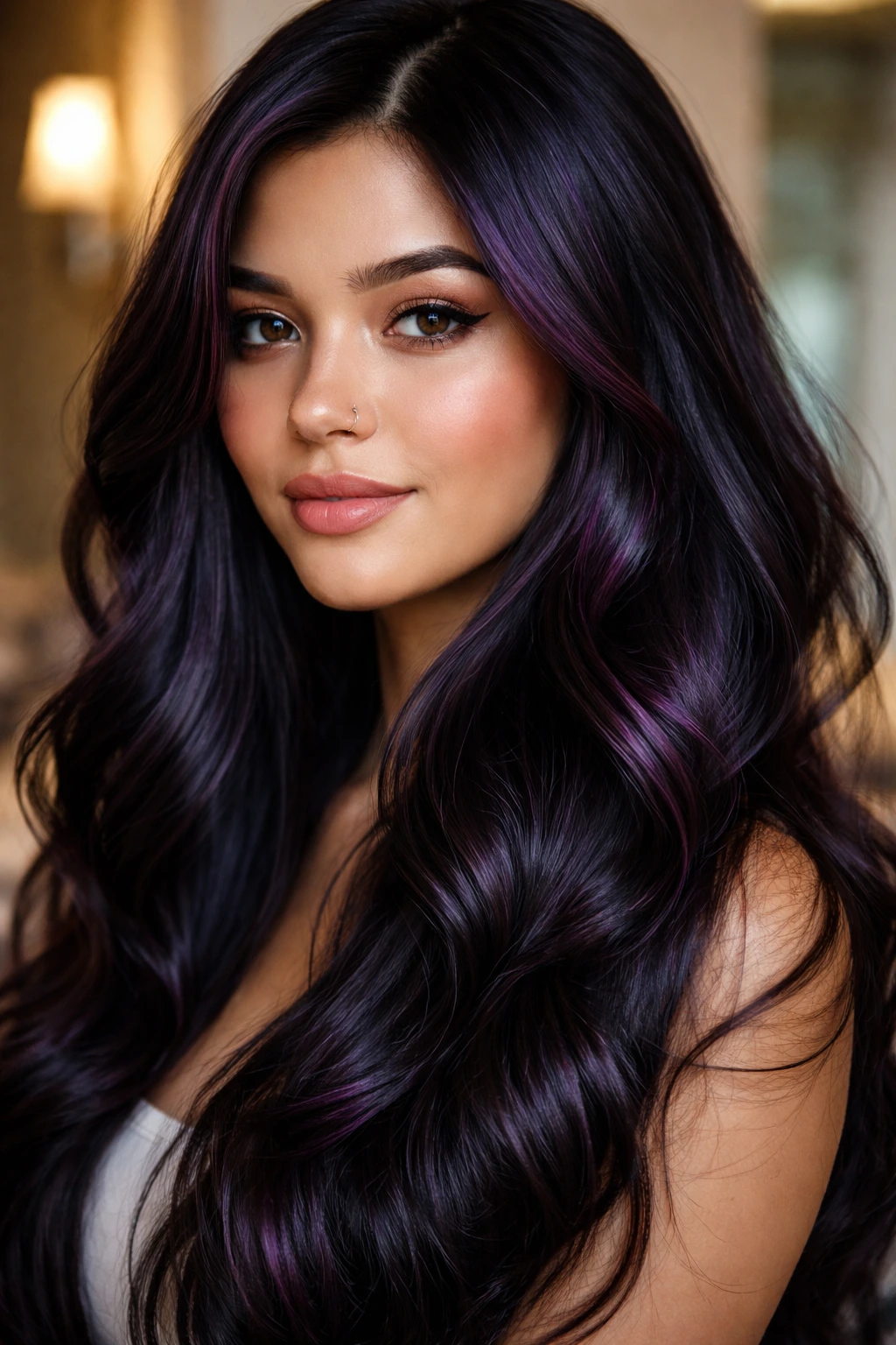 Close-up portrait of a real person with subtle orchid glaze shine on black hair