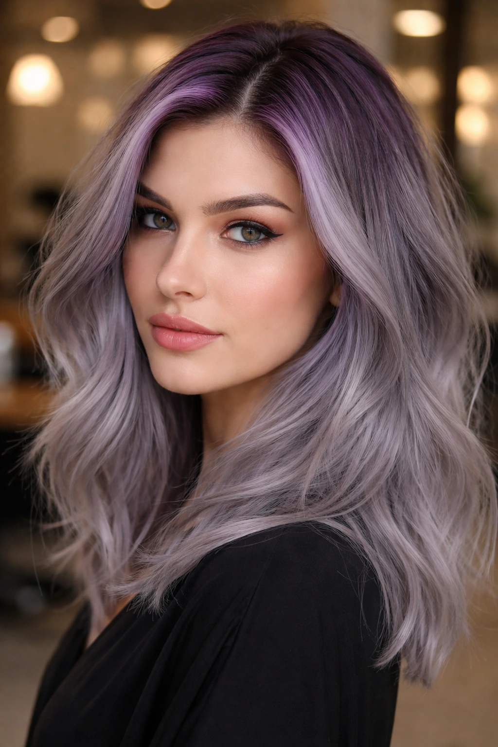 Close-up portrait of a real woman with orchid-grey root smudge hair