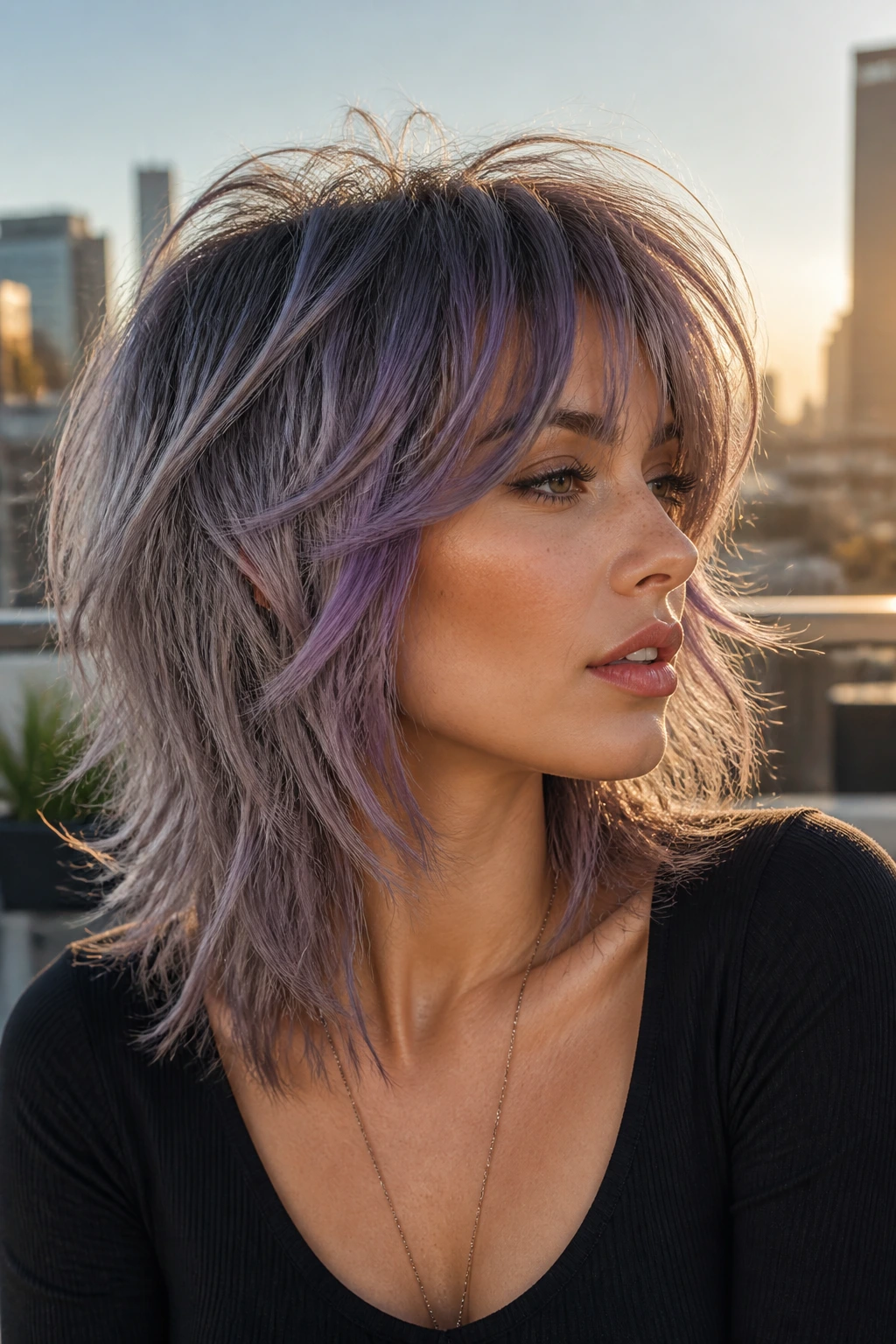 Close-up portrait of a real woman with an orchid grey shag hairstyle