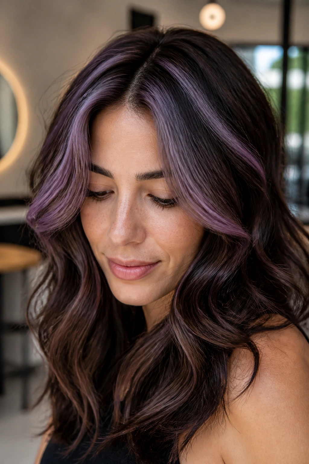 Brunette with orchid halo highlights around the crown in a close-up portrait