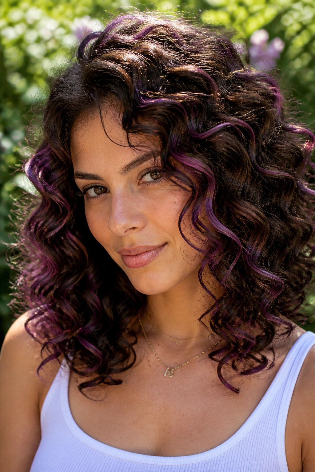 Close-up of curly brunette hair with orchid highlights following curl pattern