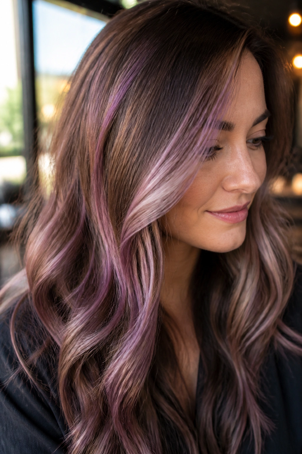 Close-up portrait of a real woman with warm brunette base and orchid lilac highlights in natural light