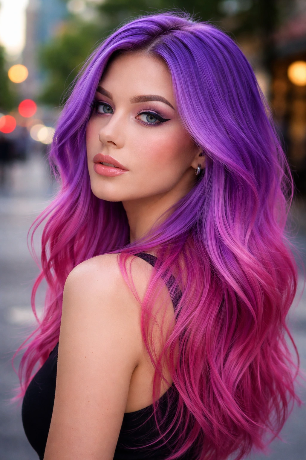 Close-up portrait of a real person with orchid to magenta gradient hair in natural street light