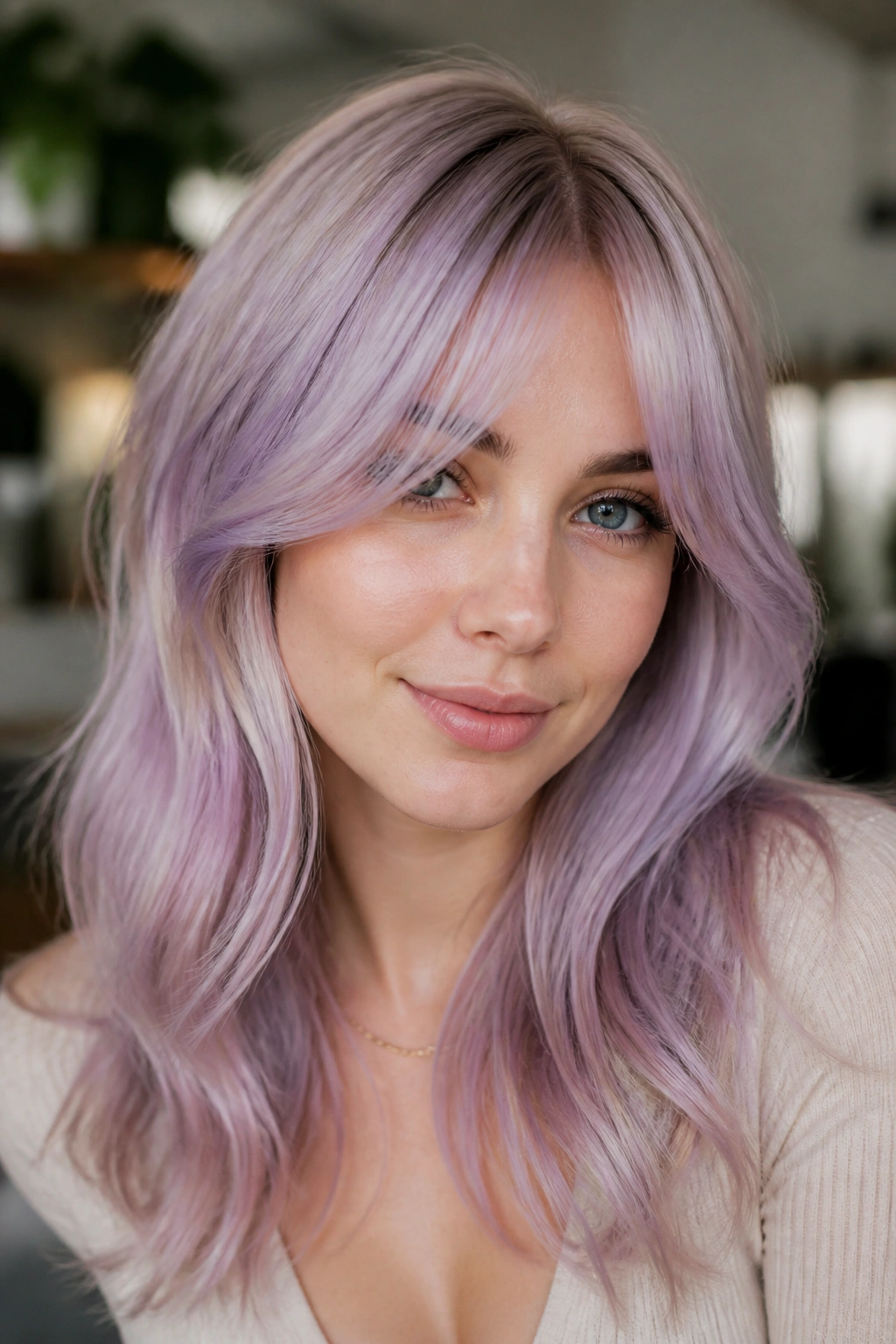 Close-up of real woman with orchid mist violet-pink hair and curtain bangs