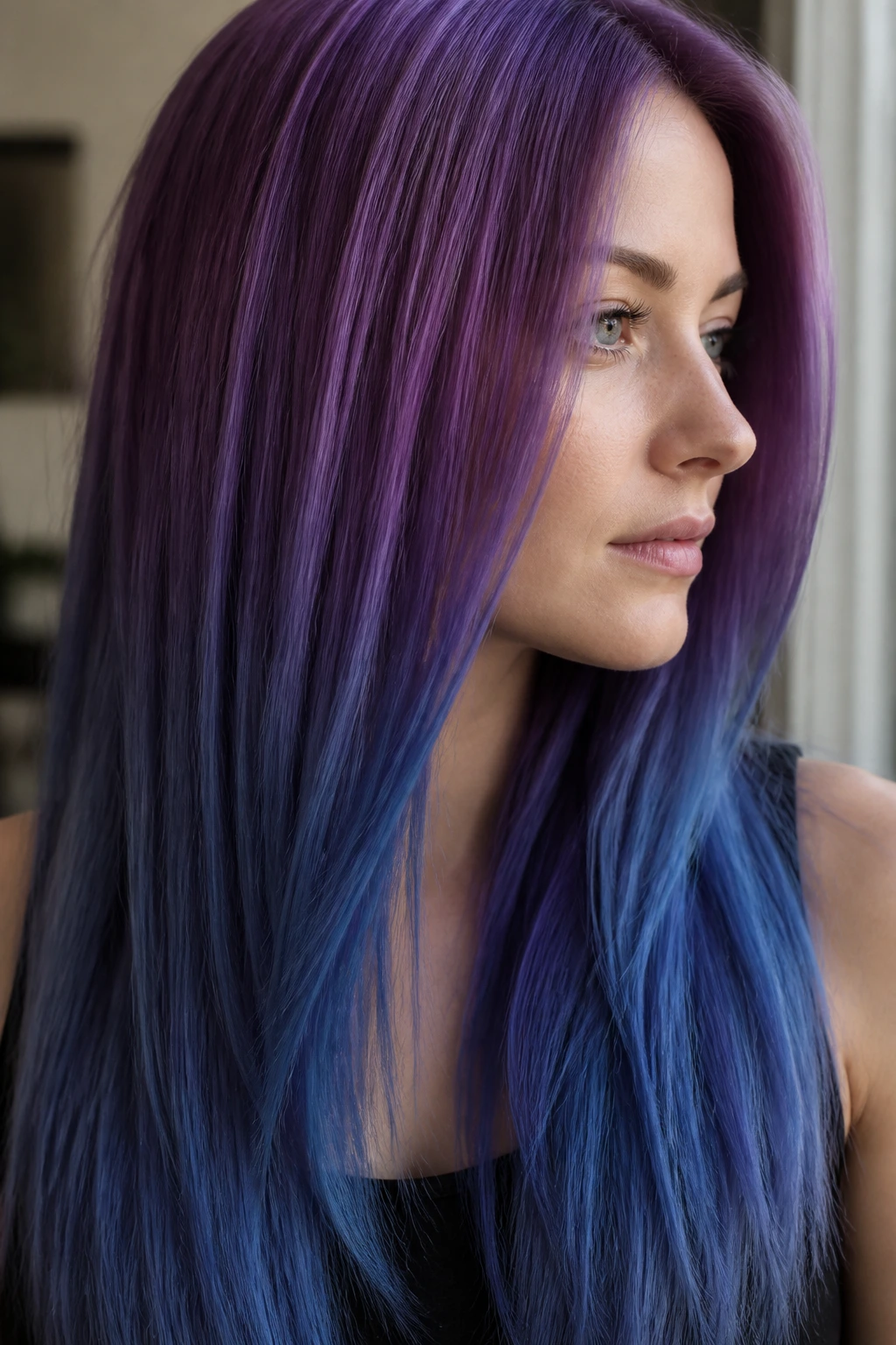 Close-up of orchid ombré hair blending violet to blue on a real person.