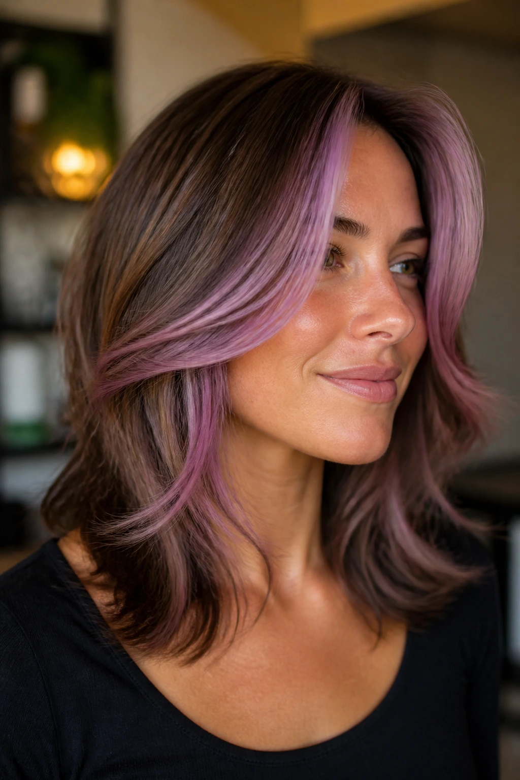 Layered mid-length hair with soft orchid panels near the face
