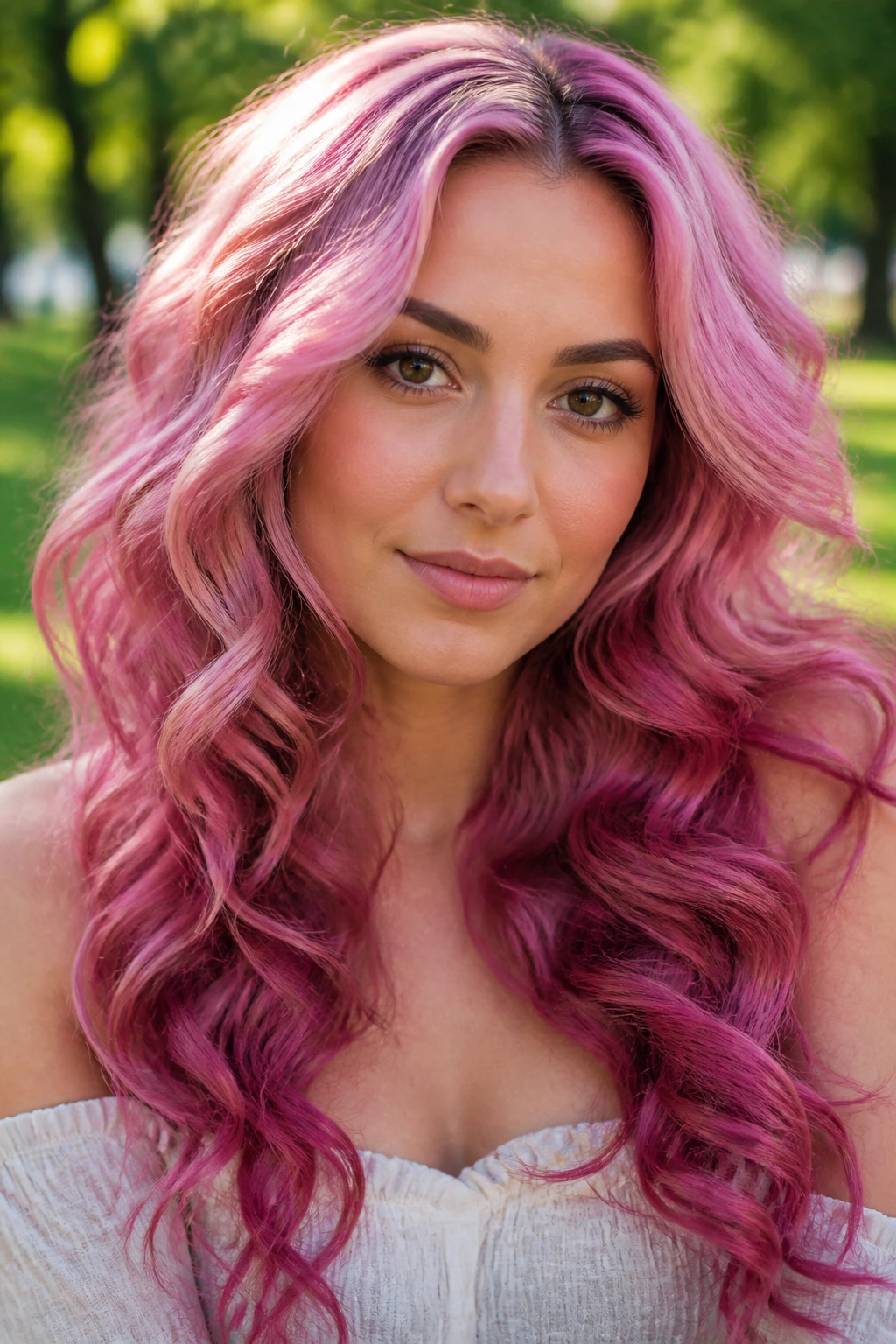 Close-up of a real person with orchid pink curls in a park-like setting.