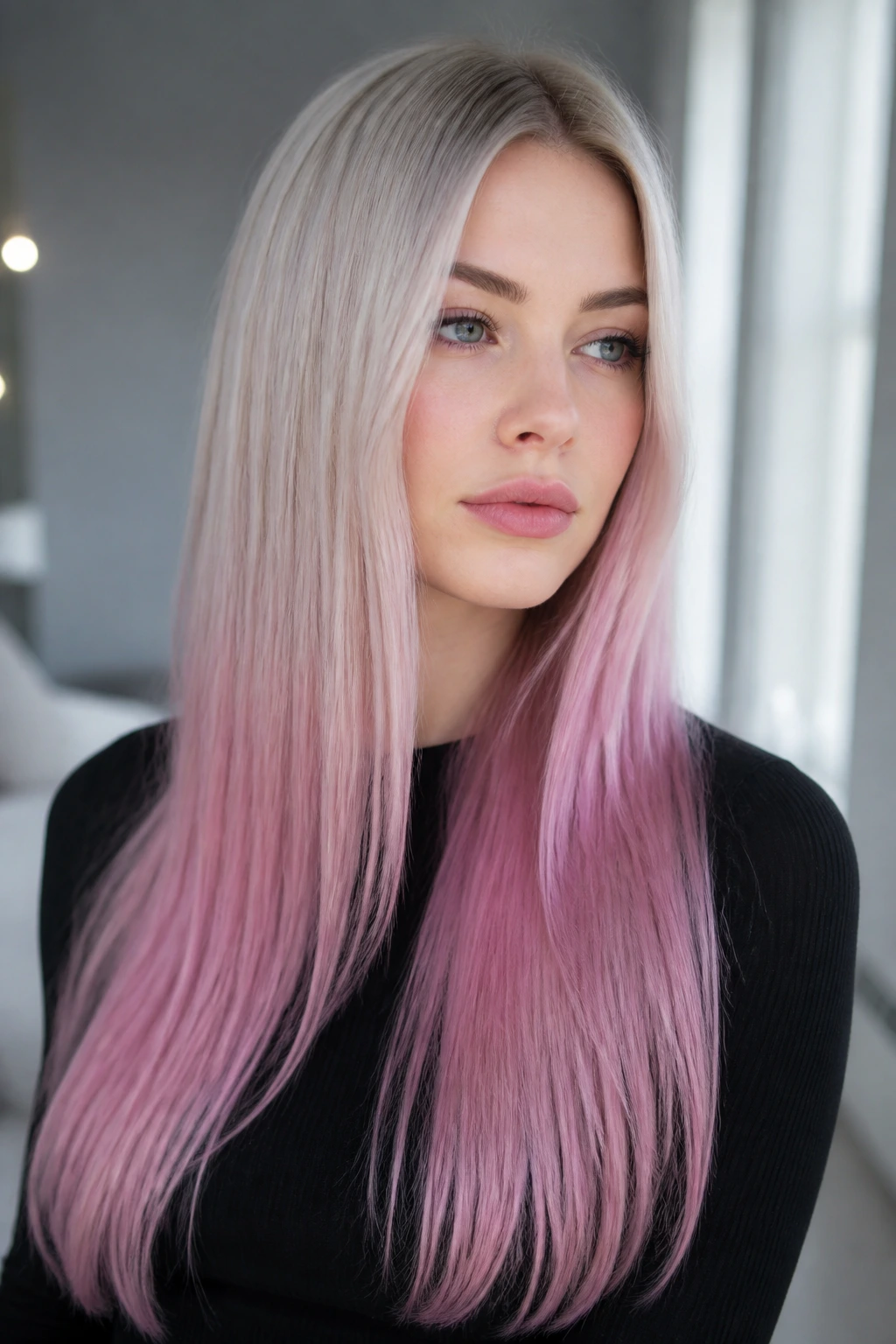 Portrait of a real woman with icy blonde to orchid pink ends on long straight hair.