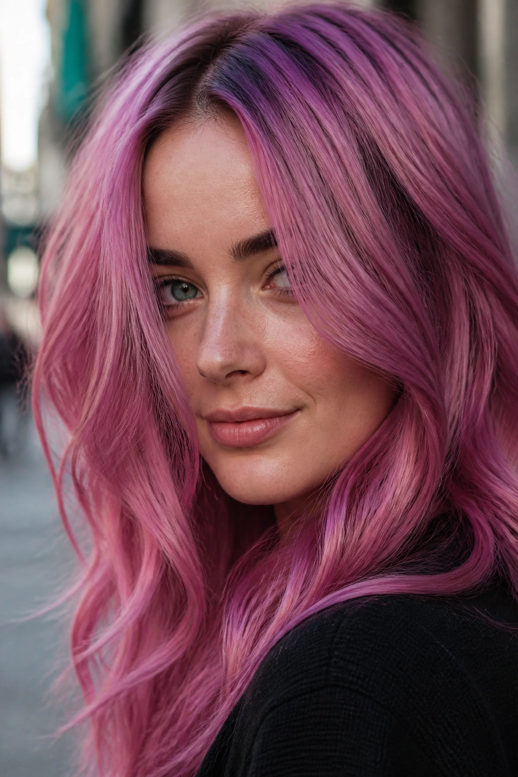 Orchid pink hair close-up portrait with violet undertones