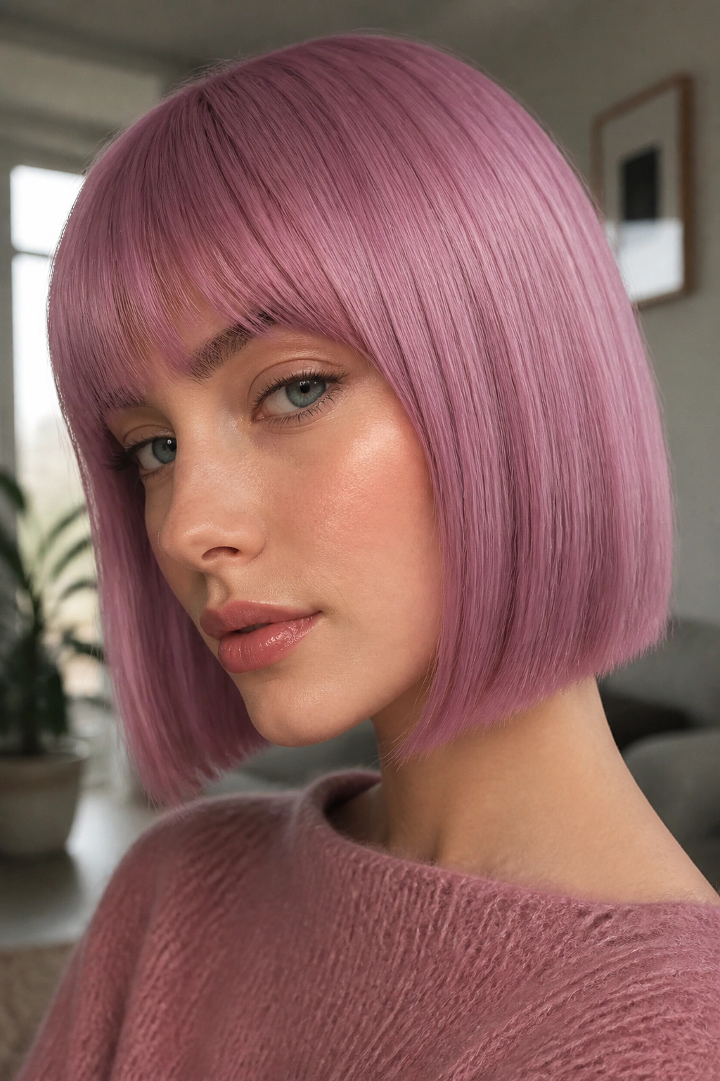 Close-up portrait of a real woman with orchid pink hair and purple undertone.