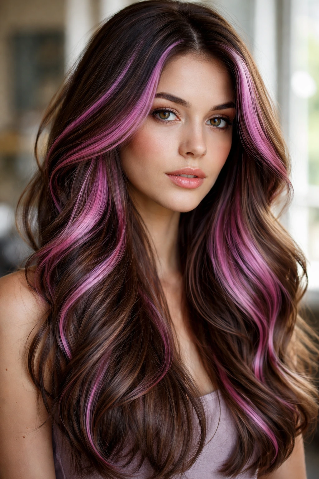 Close-up of orchid pink streaks on cool brown hair indoors